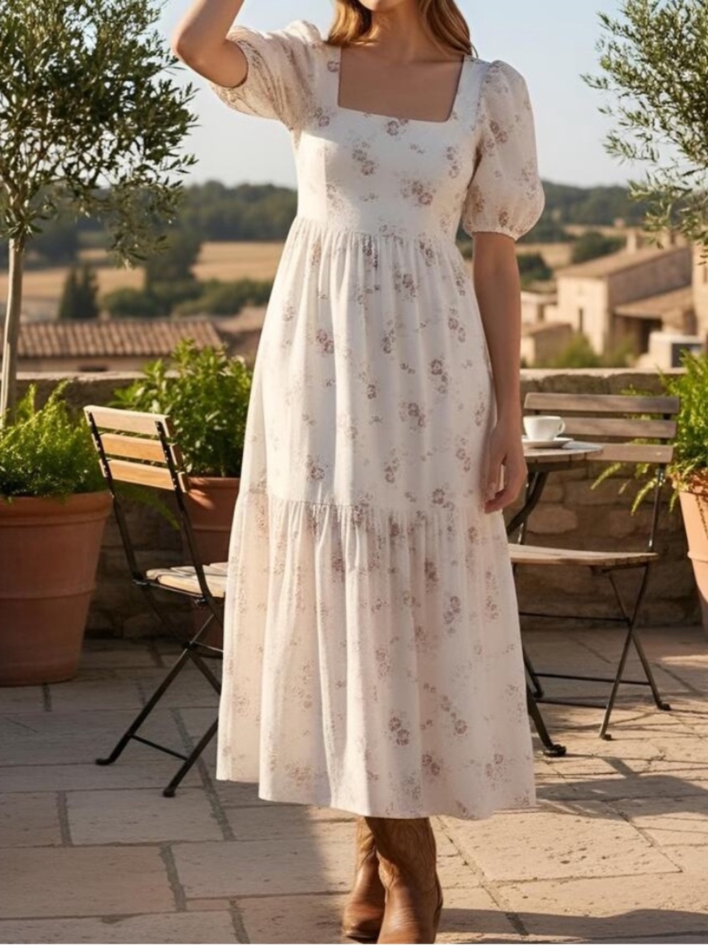 NWT WAYF Cream Whisper Pink Floral Open Back Puff Sleeve Midi Dress